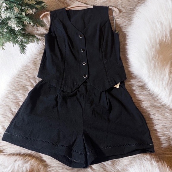 NWT Commense Black Cotton Button Detail Vest Top With Pockets Shorts Set Size L - Picture 2 of 8